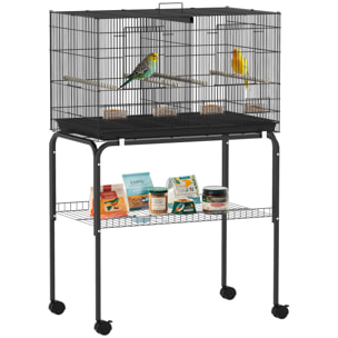 Jaula para Pájaros con Divisor Jaula con Ruedas para Mascota Aves Loros Canarios Pajarera con Comederos Perchas y Bandeja Extraíble 76x46x116 cm Negro