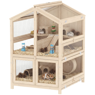Jaula para Hámster de Madera de 3 Niveles, Casa para Hámster con Bebederos, Casetas, Balancines, Rampas, Bandeja Extraíble y Tapas Abatibles, 68x61,5x90 cm, Natural