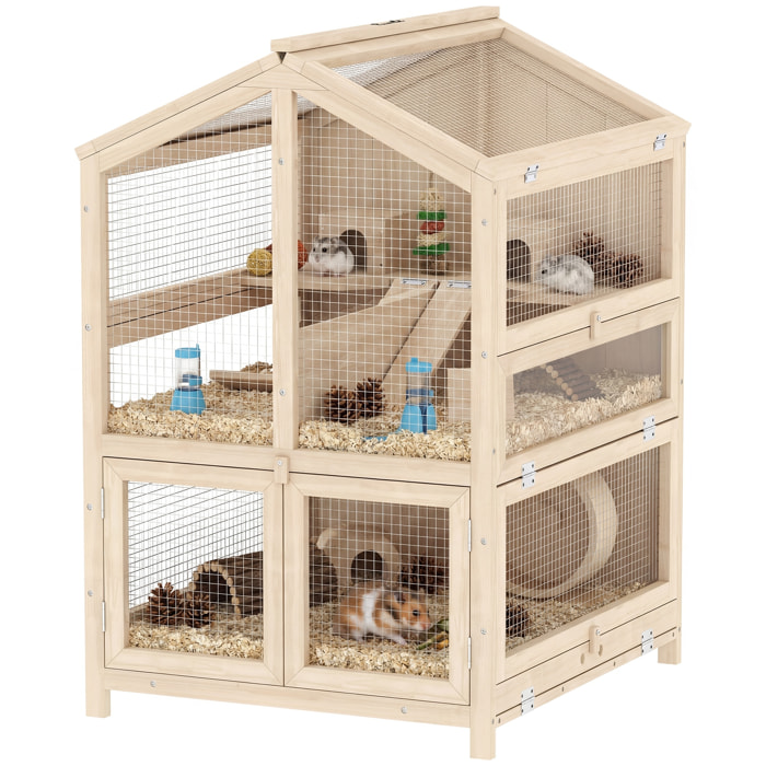 Jaula para Hámster de Madera de 3 Niveles, Casa para Hámster con Bebederos, Casetas, Balancines, Rampas, Bandeja Extraíble y Tapas Abatibles, 68x61,5x90 cm, Natural