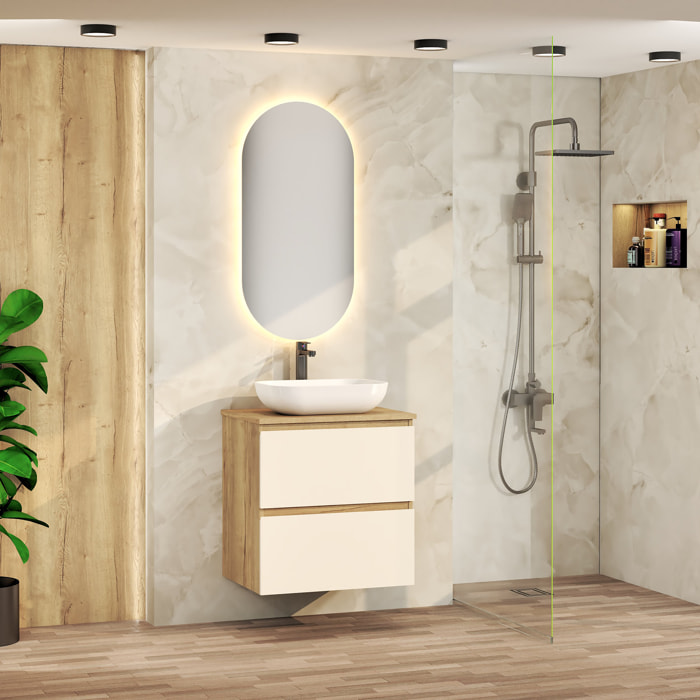 Conjunto de Baño Nia | Mueble Suspendido | 60 cm Glaciar | Dos Cajones | Lavabo Sobrepuesto | No incluye Espejo | Mueble Montado| Alday