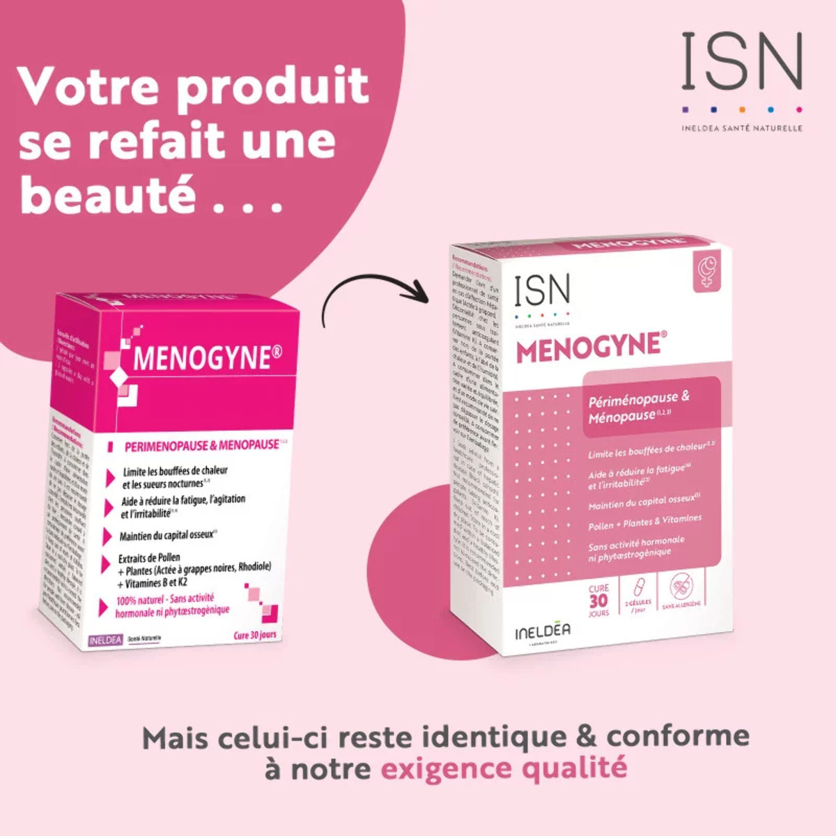 Ineldea Santé Naturelle - Menogyne - Préménopause et ménopause - Cure de 30 j - 60 gélules végétales