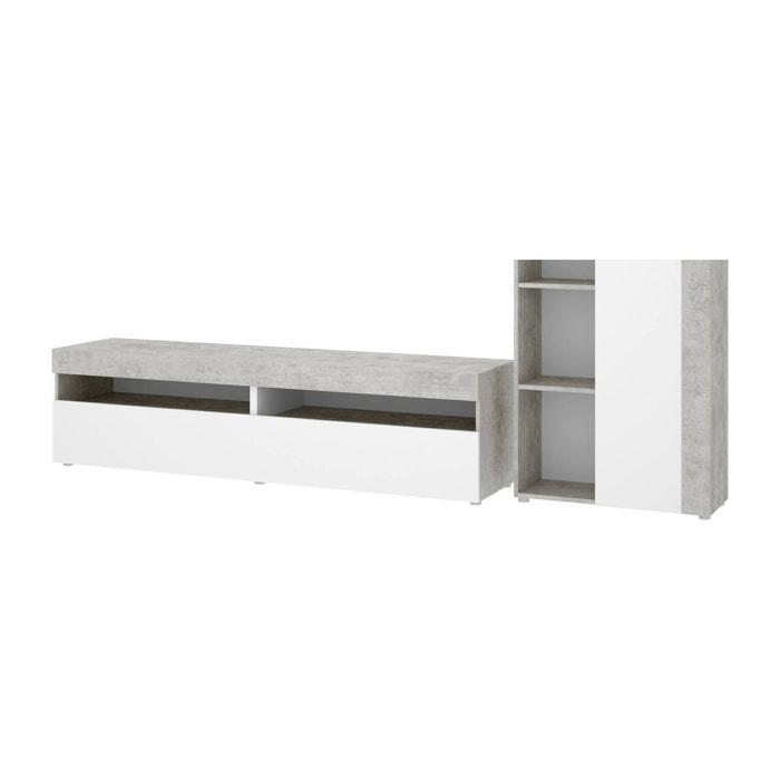 Parete attrezzata Beverin, Set da soggiorno componibile, Mobile salotto multiposizione, 265x42h180 cm, Bianco e Cemento