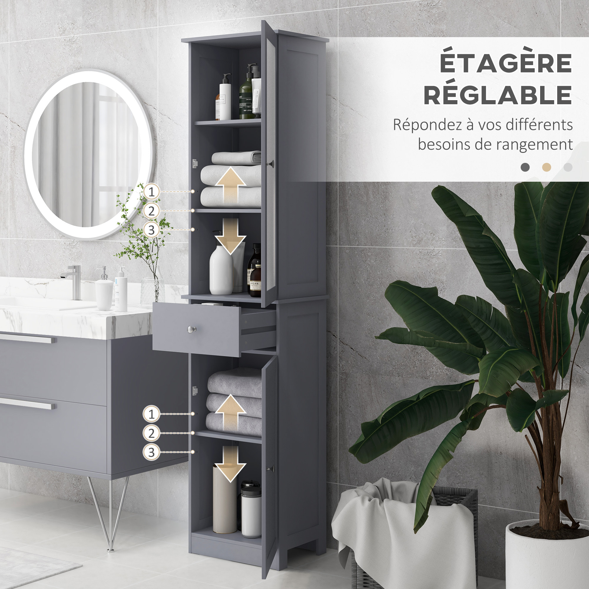 Meuble colonne de salle de bain placard porte acrylique 2 étagères placard porte 1 étagère tiroir MDF gris