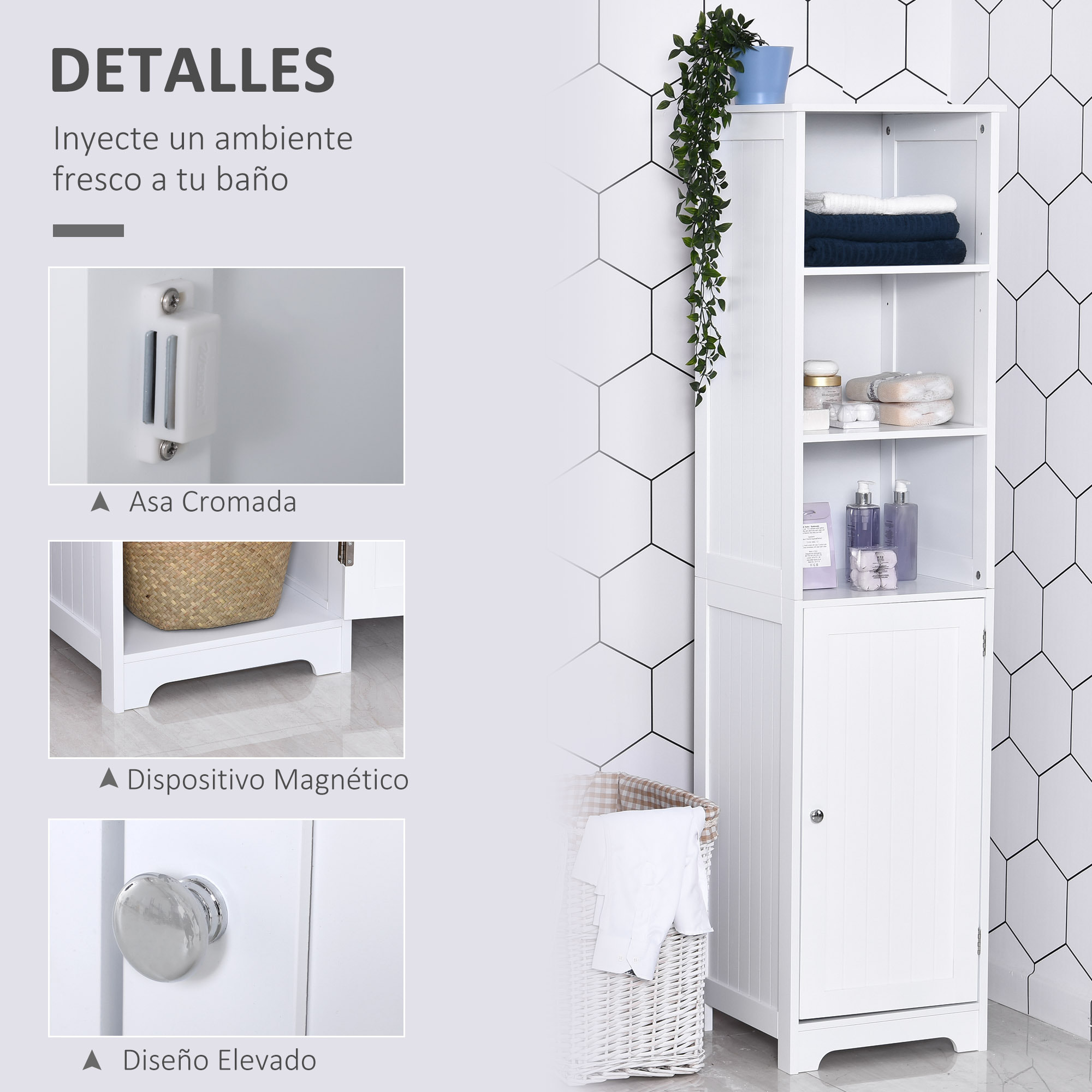 Mueble Alto de Baño de Madera MDF 40x38x160cm Blanco