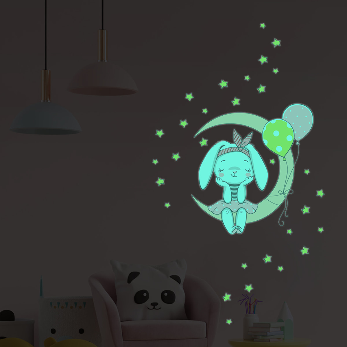 Sticker phosphorescent lumineux - LAPIN ASSIS SUR LA LUNE ET 30 ÉTOILES