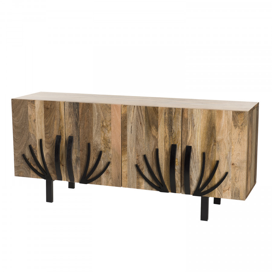 IRENE - Buffet bois Manguier 177x45cm 4 portes 2 étagères déco branches pieds métal Bangalore