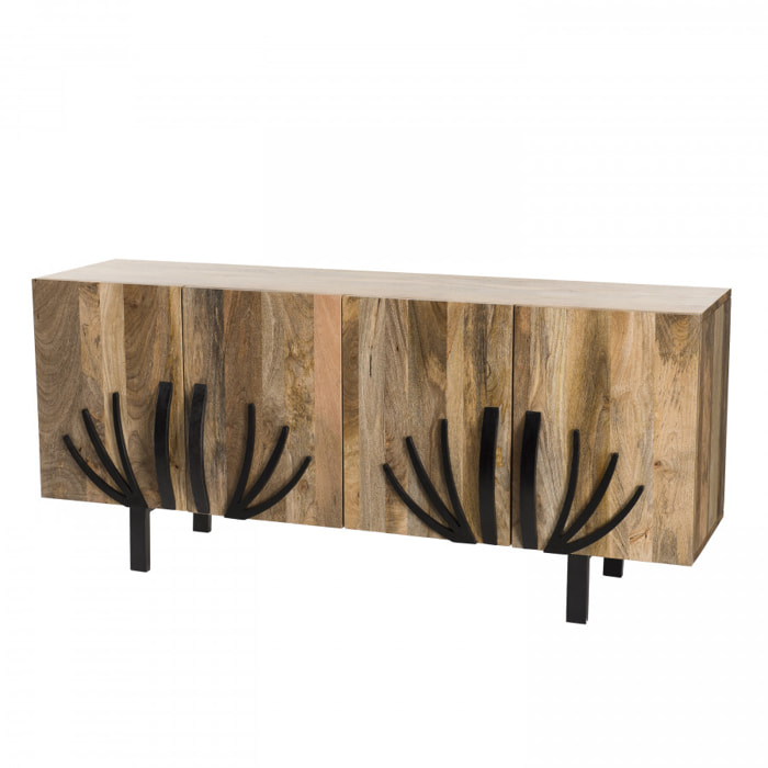 IRENE - Buffet bois Manguier 177x45cm 4 portes 2 étagères déco branches pieds métal Bangalore