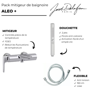 Pack mitigeur bain douche Aléo+ + douchette Shift+ ronde + flexible lisse 160 cm