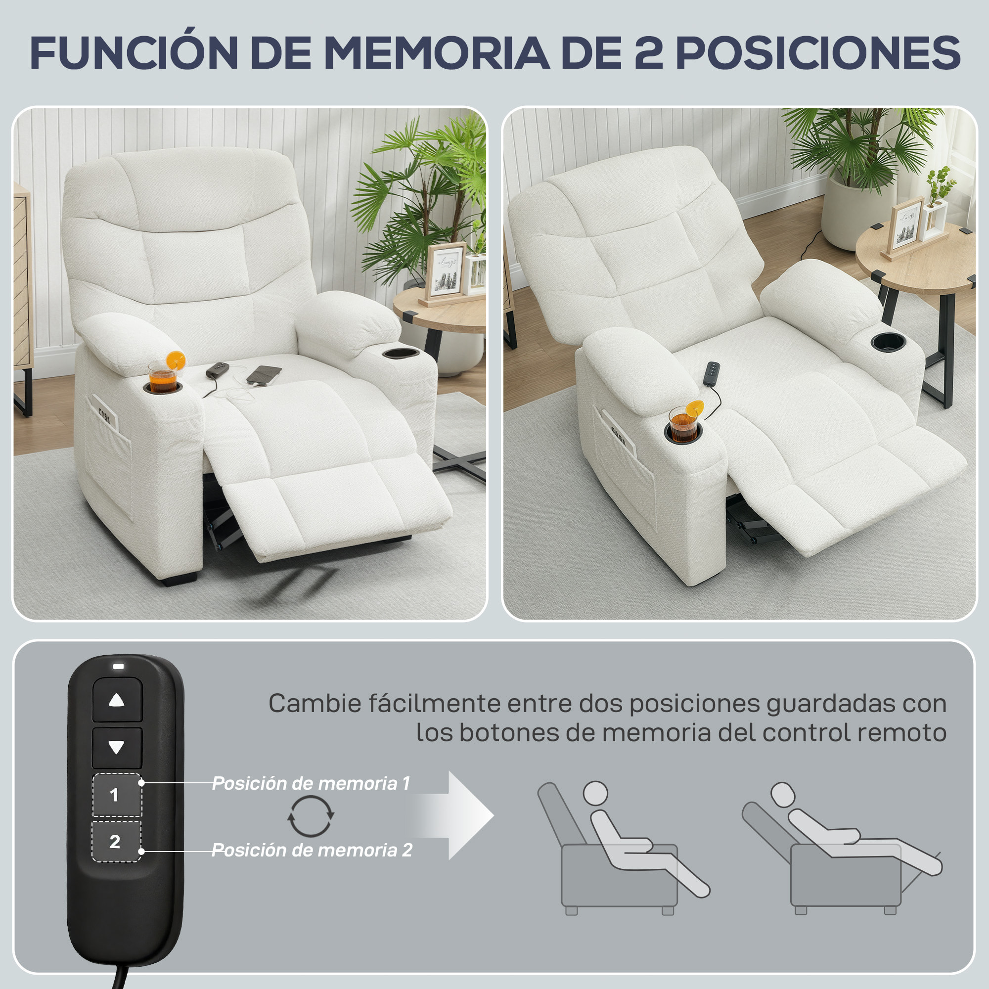 Sillón Relax Reclinable Eléctrico, Sillón Reclinable Silencioso con Función Memoria, Reposapiés, Mando a Distancia, Bolsillos Laterales, Portavasos y Puerto USB, para Dormitorio, Salón, Crema