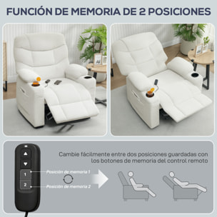 Sillón Relax Reclinable Eléctrico, Sillón Reclinable Silencioso con Función Memoria, Reposapiés, Mando a Distancia, Bolsillos Laterales, Portavasos y Puerto USB, para Dormitorio, Salón, Crema