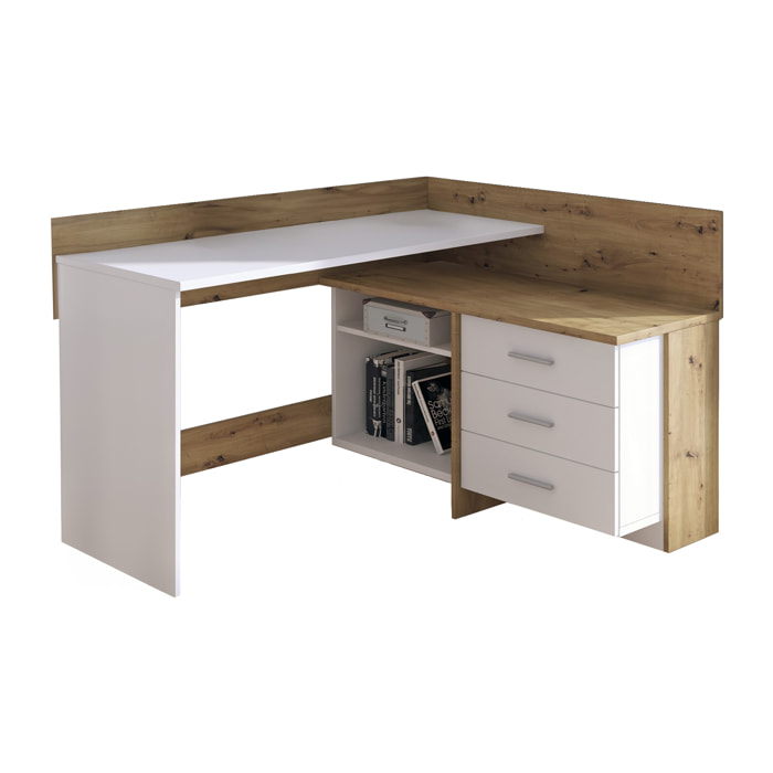 Scrivania Elsa, Scrittoio multiuso, Tavolo per ufficio porta PC, Piano di lavoro, 130x112h82 cm, Bianco e Rovere Nodi