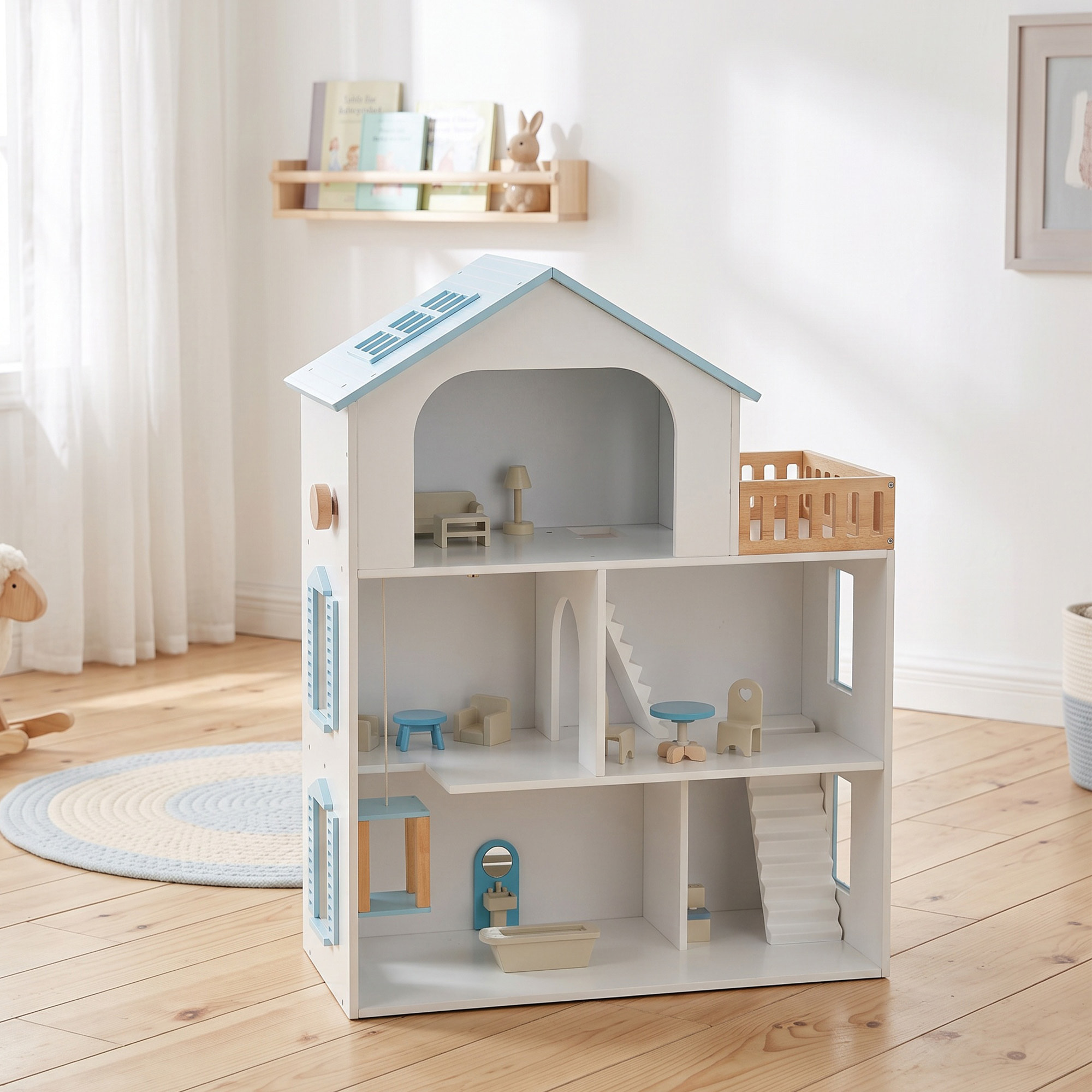 AIYAPLAY Casa de Muñecas de Madera de 3 Pisos con Ascensor y Balcón, 5 Habitaciones y 13 Muebles, Casita de Muñecas para Niñas, Juguete de Imitación para Niños de 3 a 6 Años, Azul
