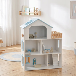 AIYAPLAY Casa de Muñecas de Madera de 3 Pisos con Ascensor y Balcón, 5 Habitaciones y 13 Muebles, Casita de Muñecas para Niñas, Juguete de Imitación para Niños de 3 a 6 Años, Azul