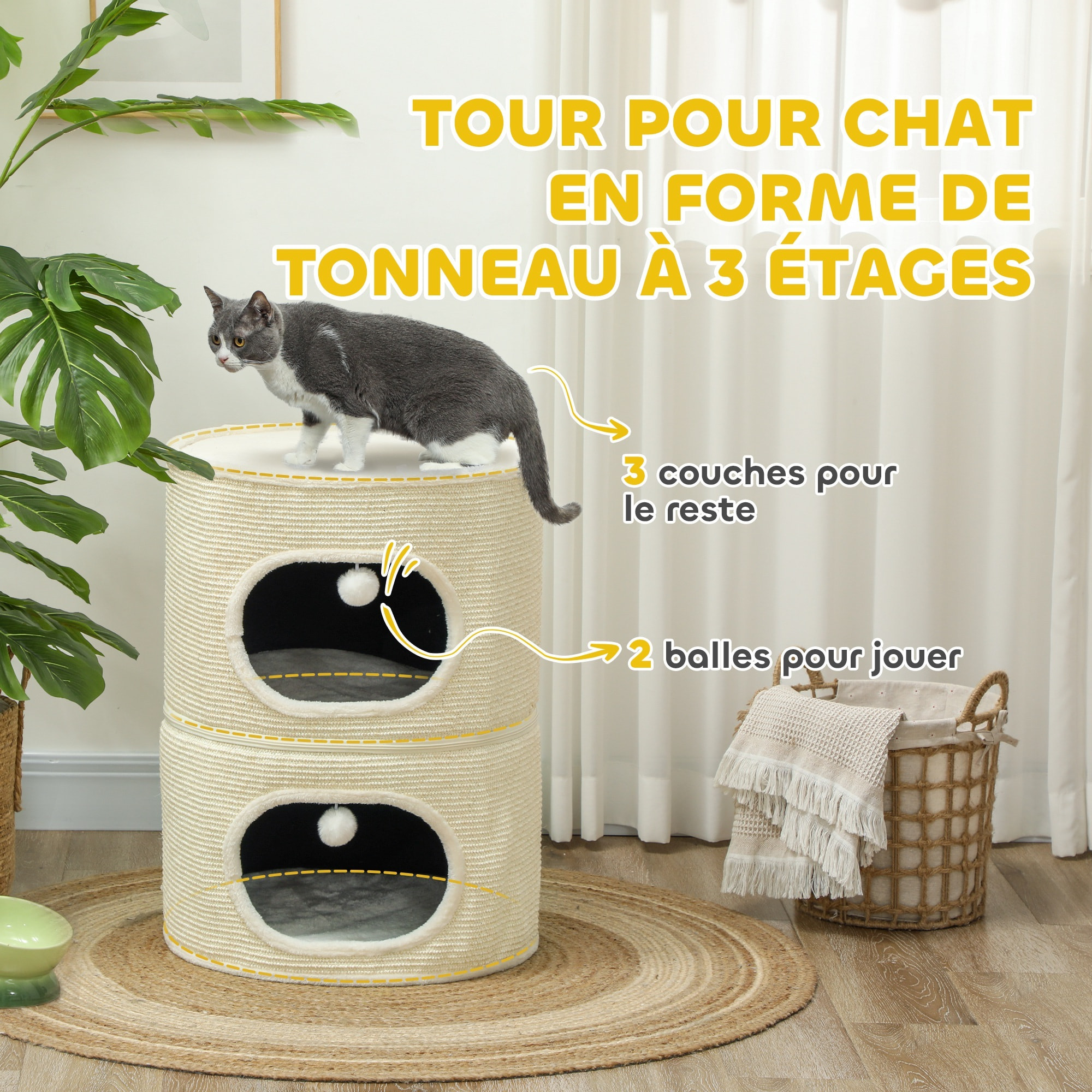 Tour pour chat modulable zippée 3 parties - tonneau griffoir chat 2 pompons - sisal naturel peluche crème