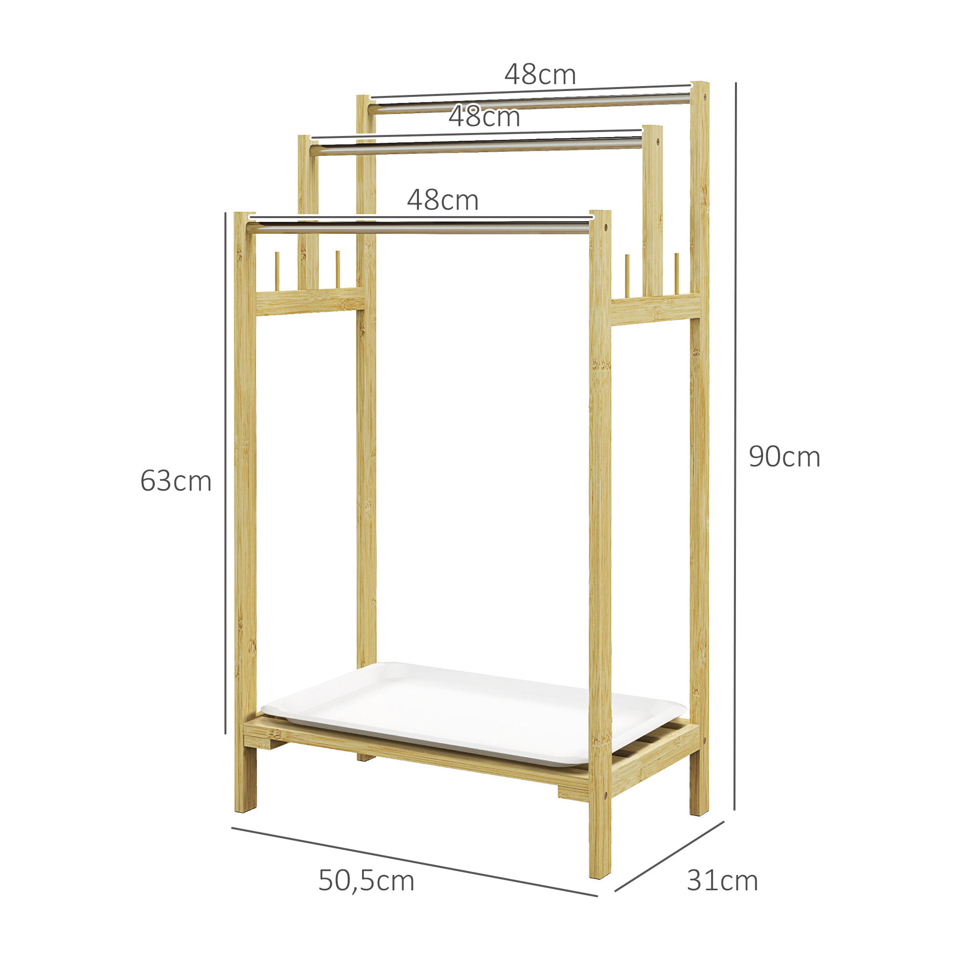 Porte-serviettes style cosy naturel - 3 barres, étagère, plateau, 4 crochets acier inox. bambou verni