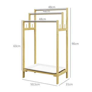 Porte-serviettes style cosy naturel - 3 barres, étagère, plateau, 4 crochets acier inox. bambou verni