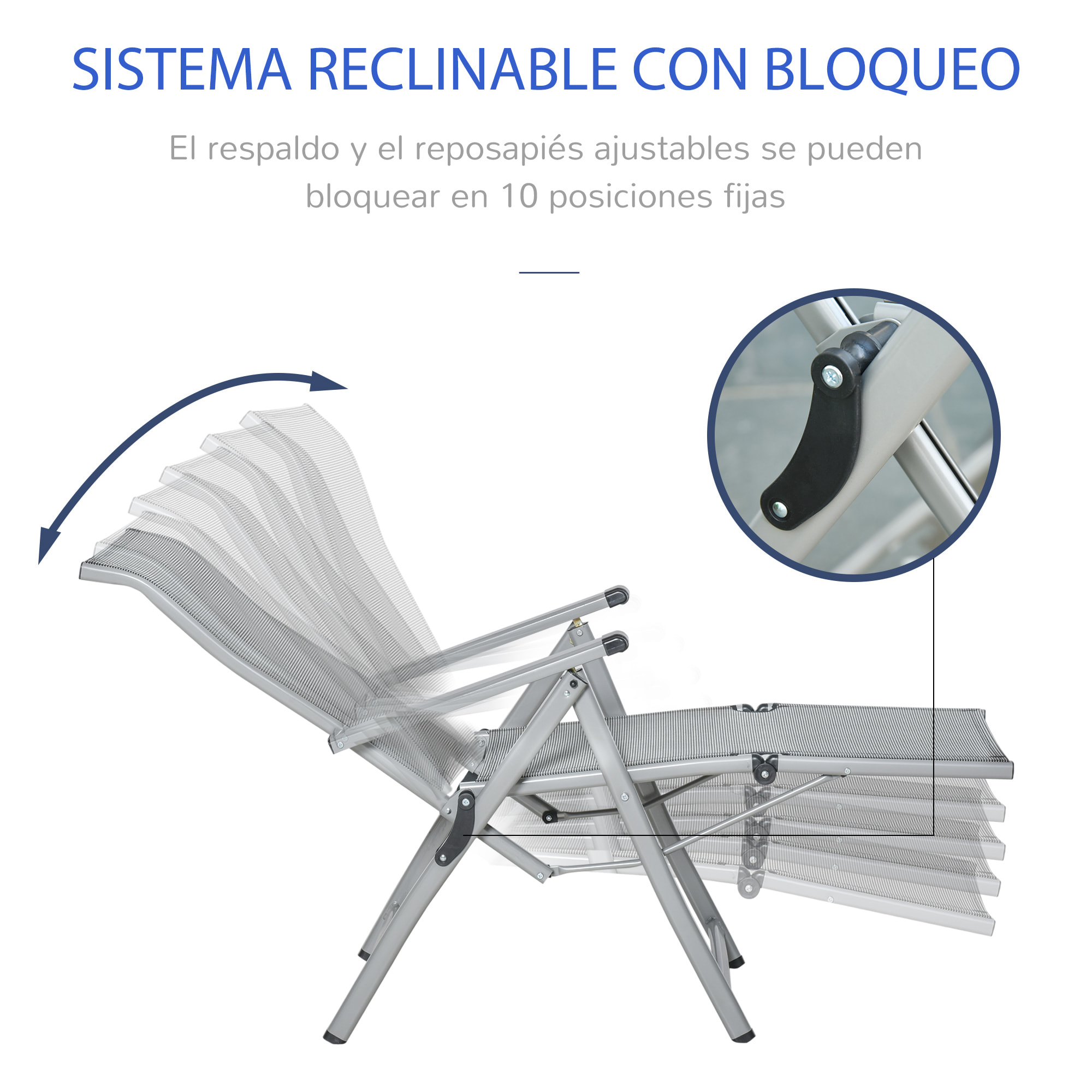 Conjunto de 2 Tumbonas Reclinables y Plegables Tumbonas de Jardín con Respaldo y Reposapiés Ajustable en 10 Posiciones Carga 120 kg 78x58x110 cm Gris