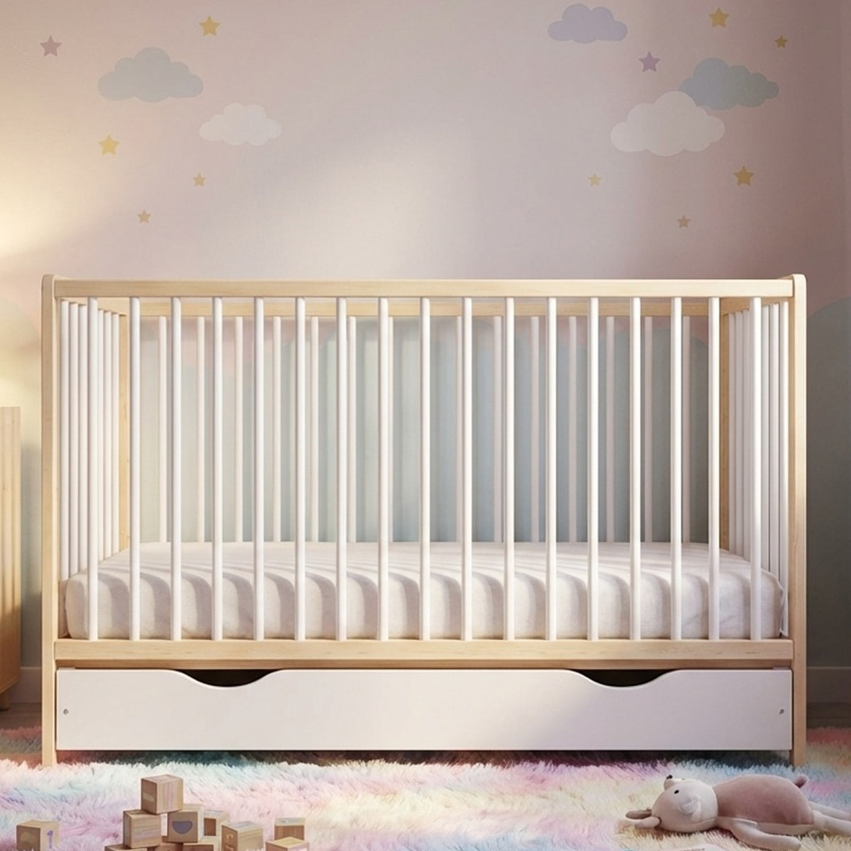 Lit Bébé Évolutif Mathis 60x120 cm, avec Tiroir de Rangement, Sommier Réglable 3 Hauteurs, Barreaux Amovibles, Couleur Bois Naturel et Blanc