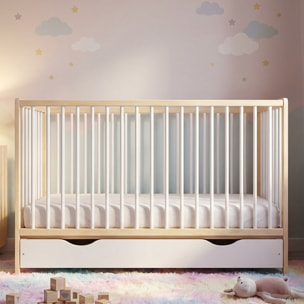 Lit Bébé Évolutif Mathis 60x120 cm, avec Tiroir de Rangement, Sommier Réglable 3 Hauteurs, Barreaux Amovibles, Couleur Bois Naturel et Blanc