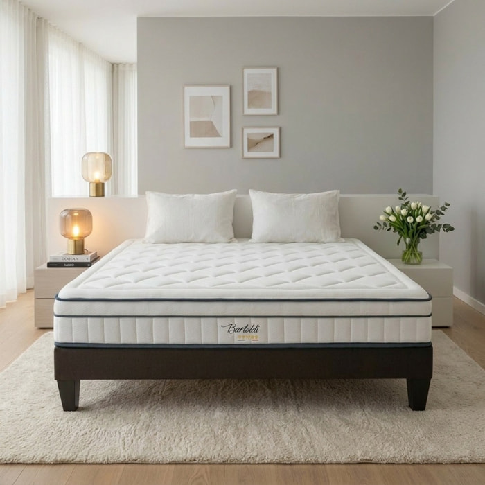 Ensemble Matelas Hybride Bartoldi & Sommier KIT15, 22 cm, Ressorts Ensachés & Mémoire de Forme, technologie Tri-Lattes, Soutien Ferme