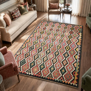 Tapis kilim au motif ethnique, tissé plat en laine, UDOMU