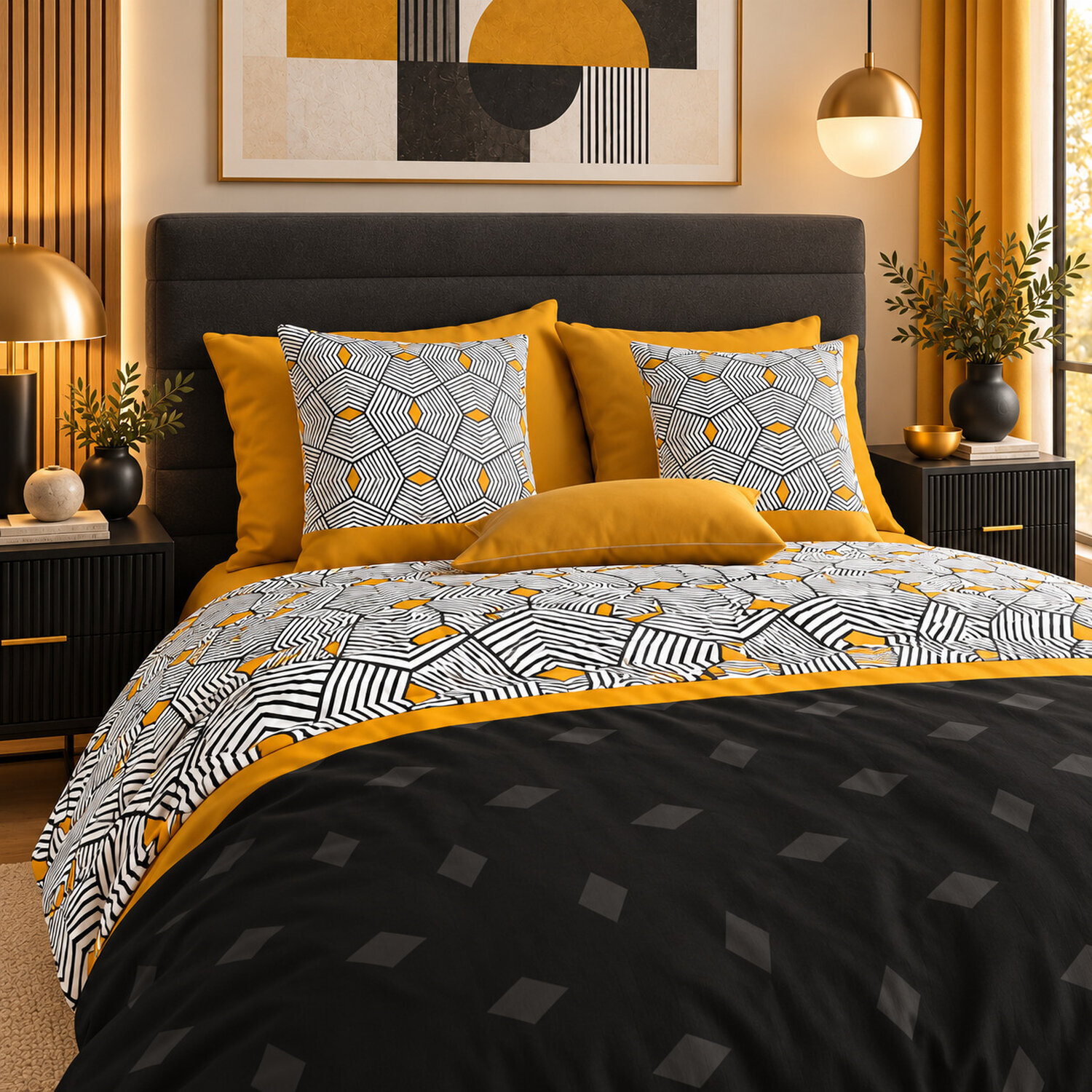 Parure housse de couette imprimé 100% coton - faro - noir