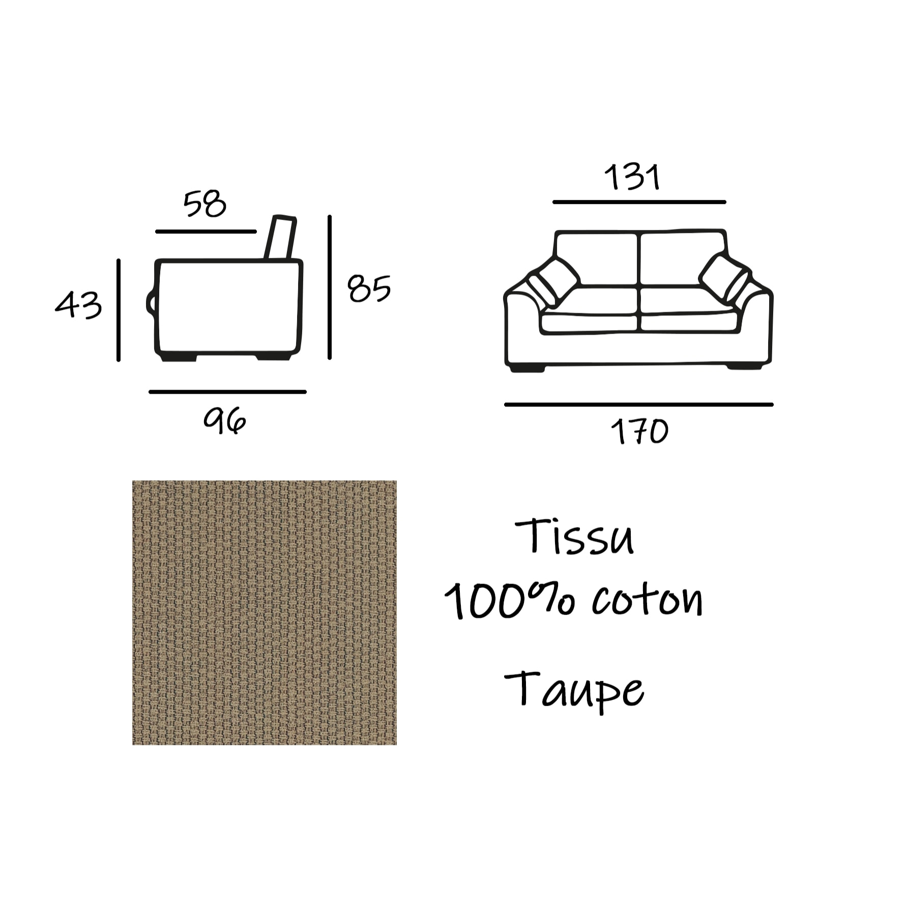 Canapé 2 pl TRESSIN 170 cm fixe tissu coton Taupe - 100% déhoussable - Fab. France