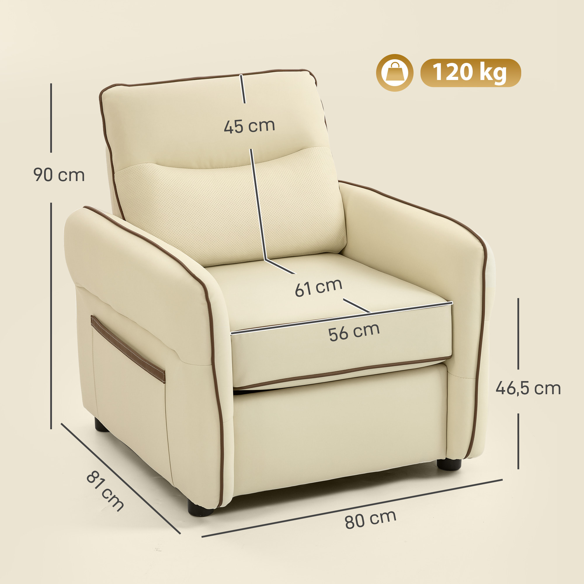 Butaca de Salón, Sillón Relax Moderno, 80x81x90 cm, Tapizada en Cuero Sintético, Acolchado Grueso, Asiento Ancho, Reposabrazos y Bolsillo Lateral, Montaje Rápido, Beige