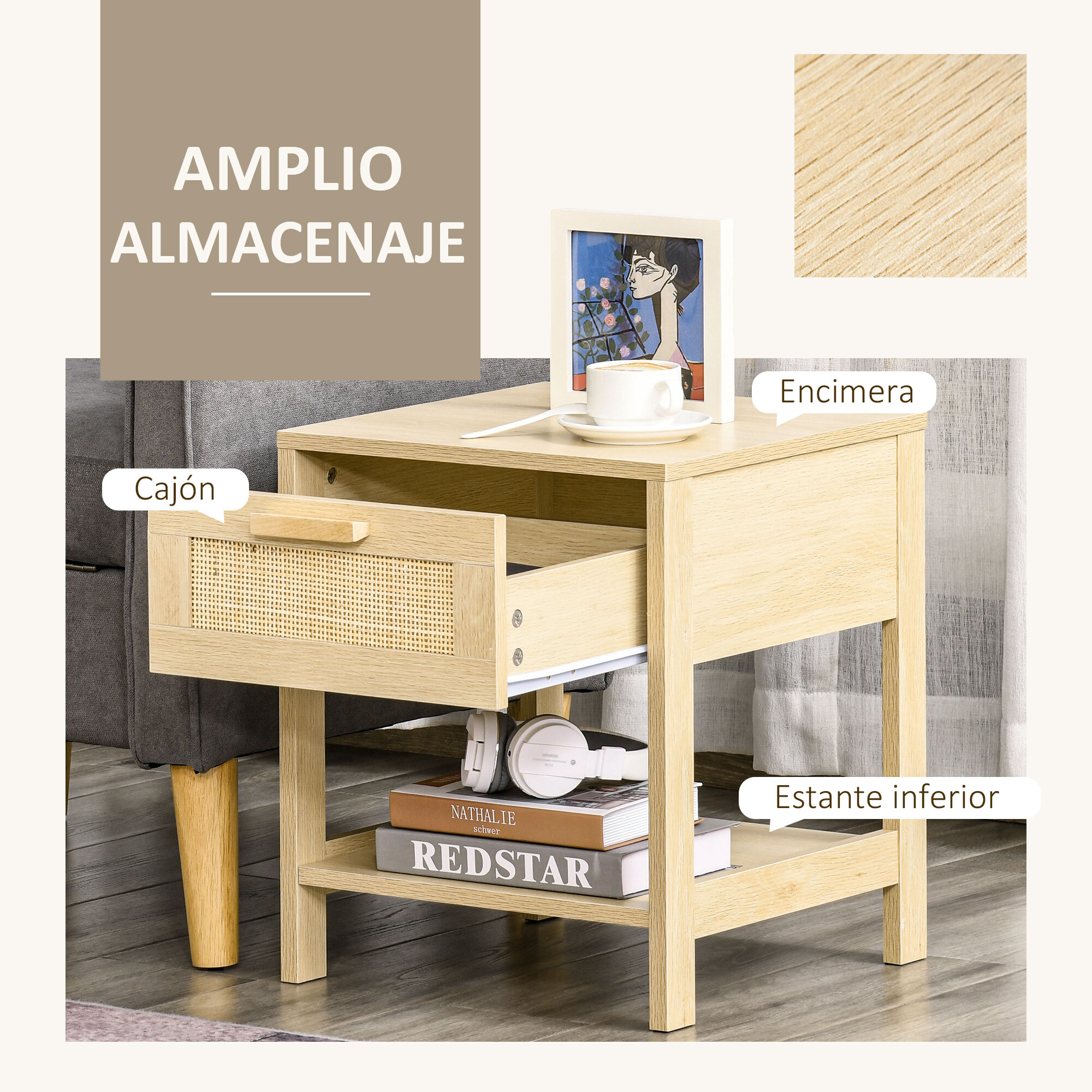 Conjunto 2 Mesitas de Noche Mesillas de Noche con Cajón de Ratán y Estante Inferior Carga 40 kg para Dormitorio Sala 40x40x48 cm Natural