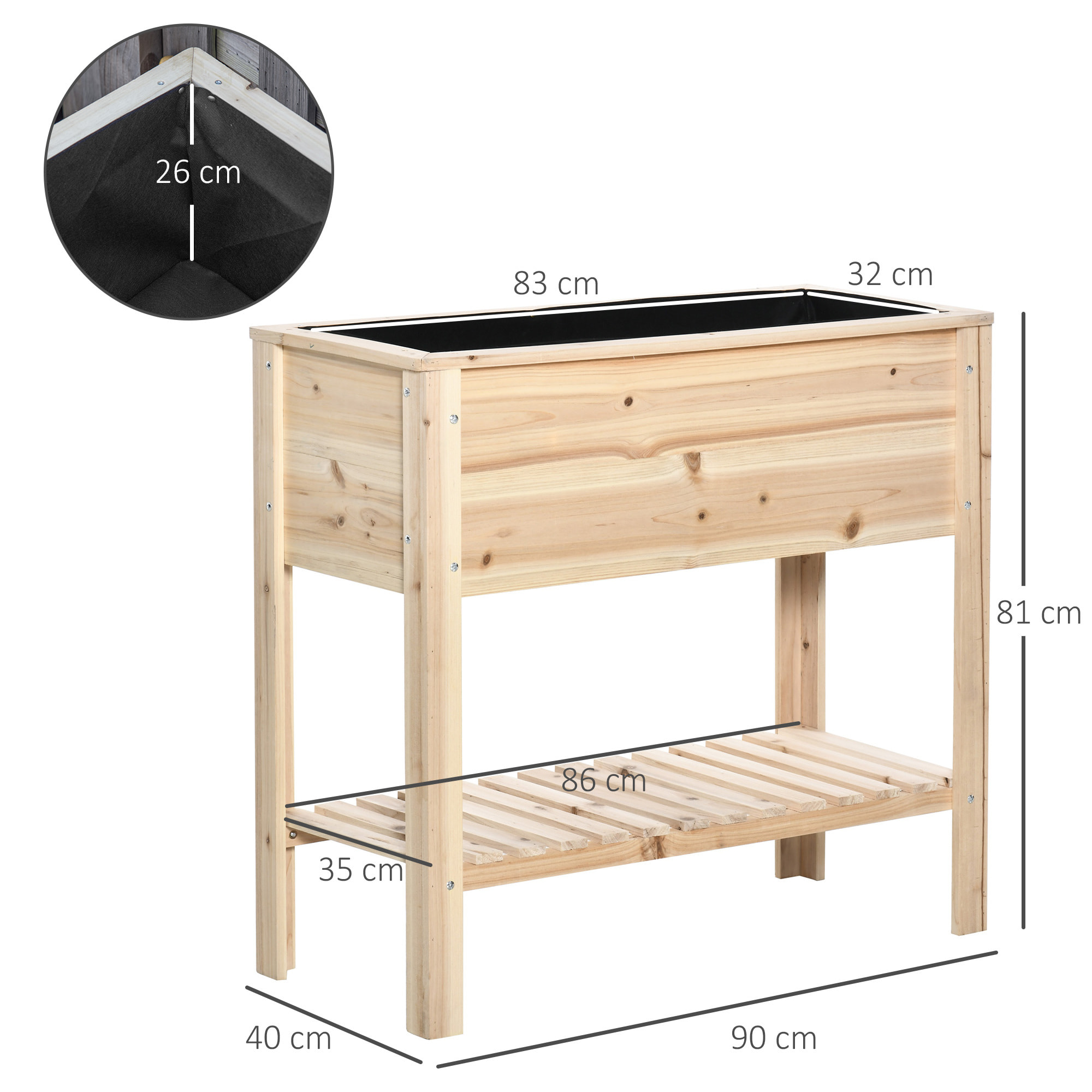 Outsunny Huerto Urbano Elevado con Estante Mesa Jardinera de Cultivo de Madera con Tela no Tejida para Cultivos Plantas Flores Jardín 90x40x81 cm Natural