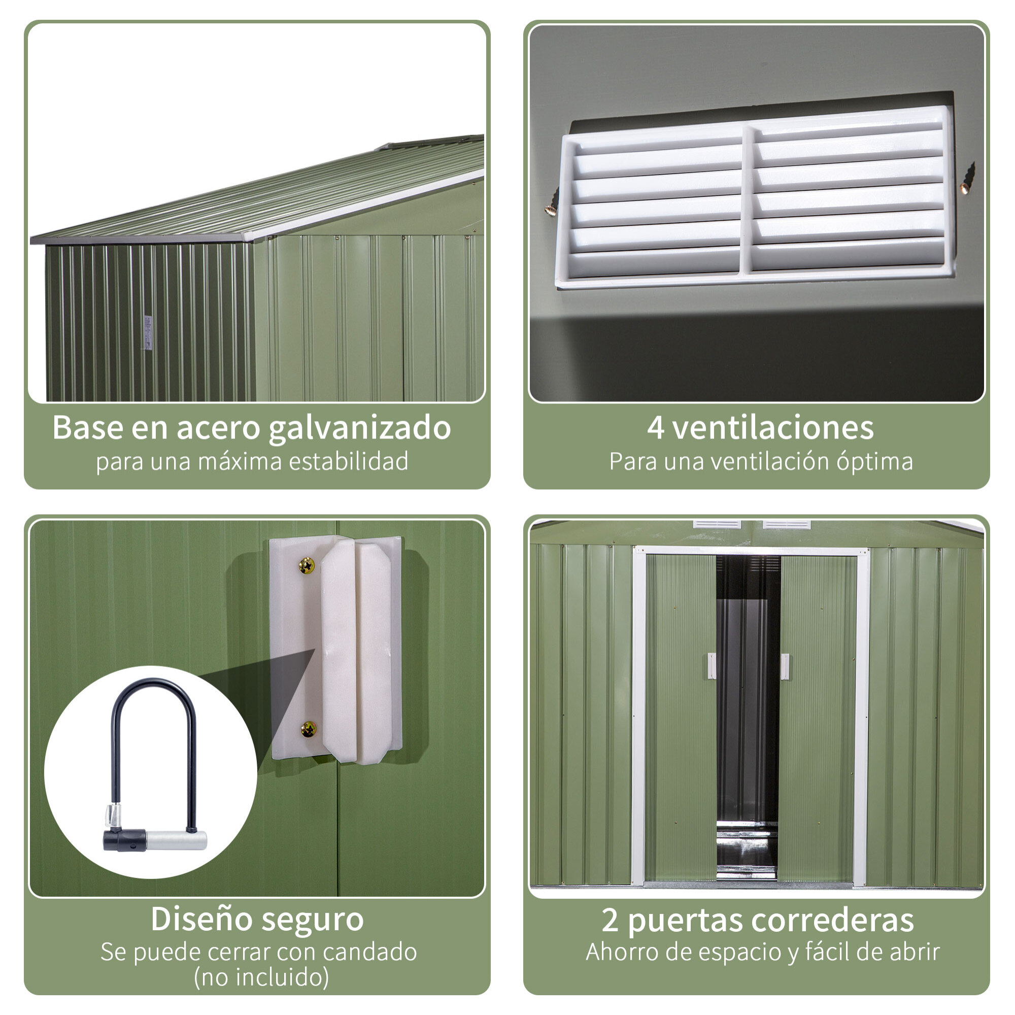 Cobertizo de Jardín Exterior 277x195x192 cm Caseta de Jardín Metálica para Almacenamiento de Herramientas con Base Incluida y 4 Ventanas 4,83 m² Verde Claro