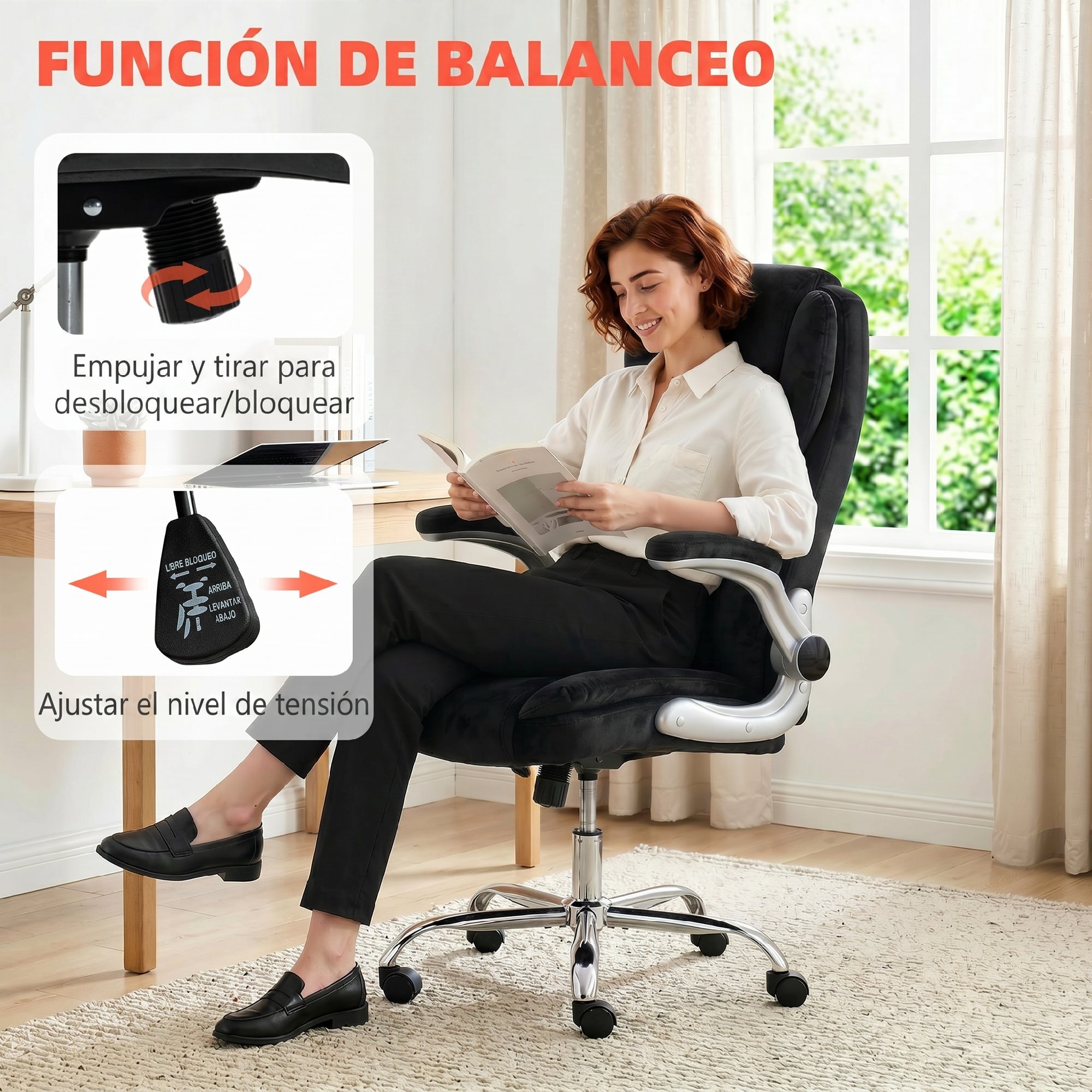 Silla de escritorio Ergonómica, Silla de Oficina con Respaldo Alto, Reposabrazos Abatibles, Asiento con Muelles, Altura Ajustable, Función Basculante, Tapizado en Terciopelo, Negro
