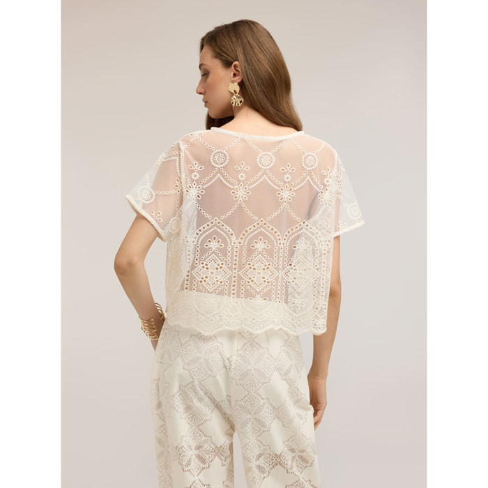Motivi - Blusa de encaje con bordados - Blanco