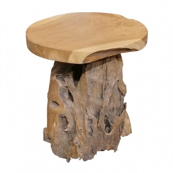 Tabouret en bois de teck avec piètement racine - BRUL