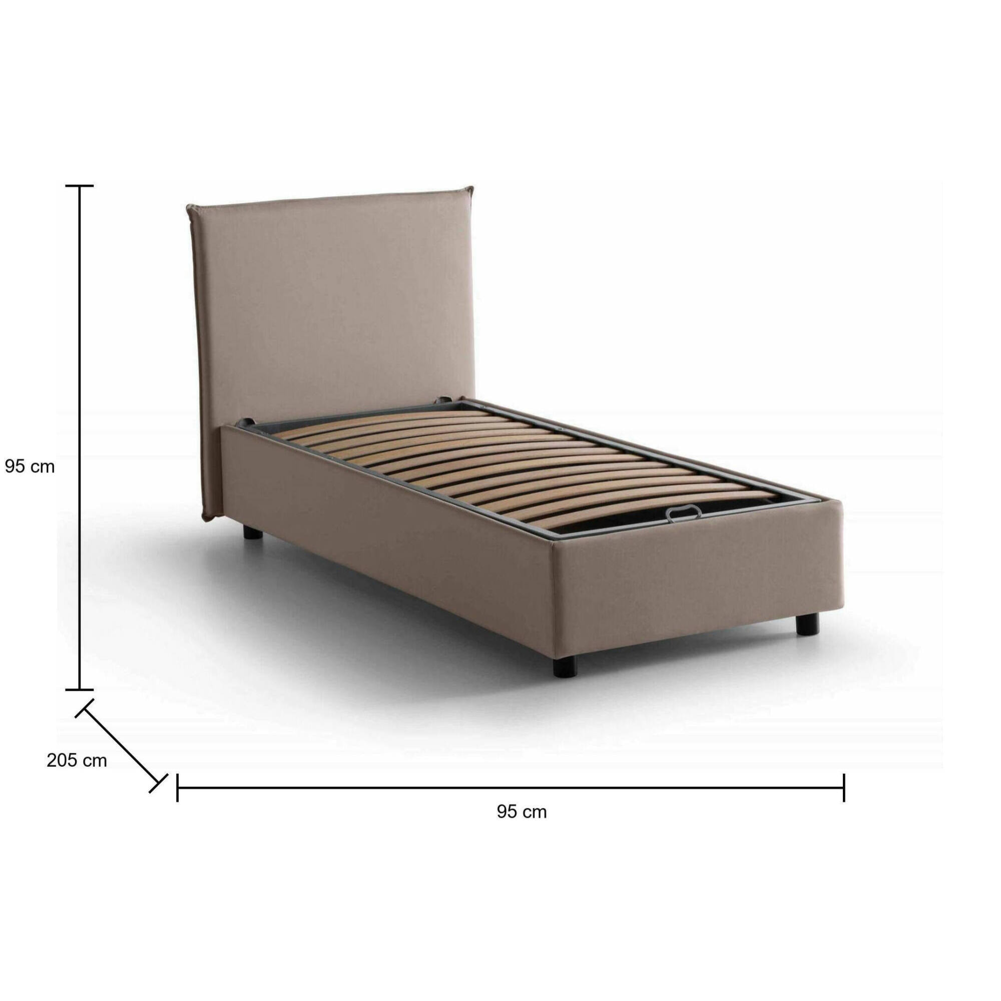 Letto singolo Acuila, Letto contenitore con rivestimento in tessuto, 100% Made in Italy, Apertura laterale, adatto per materasso Cm 80x190, Tortora