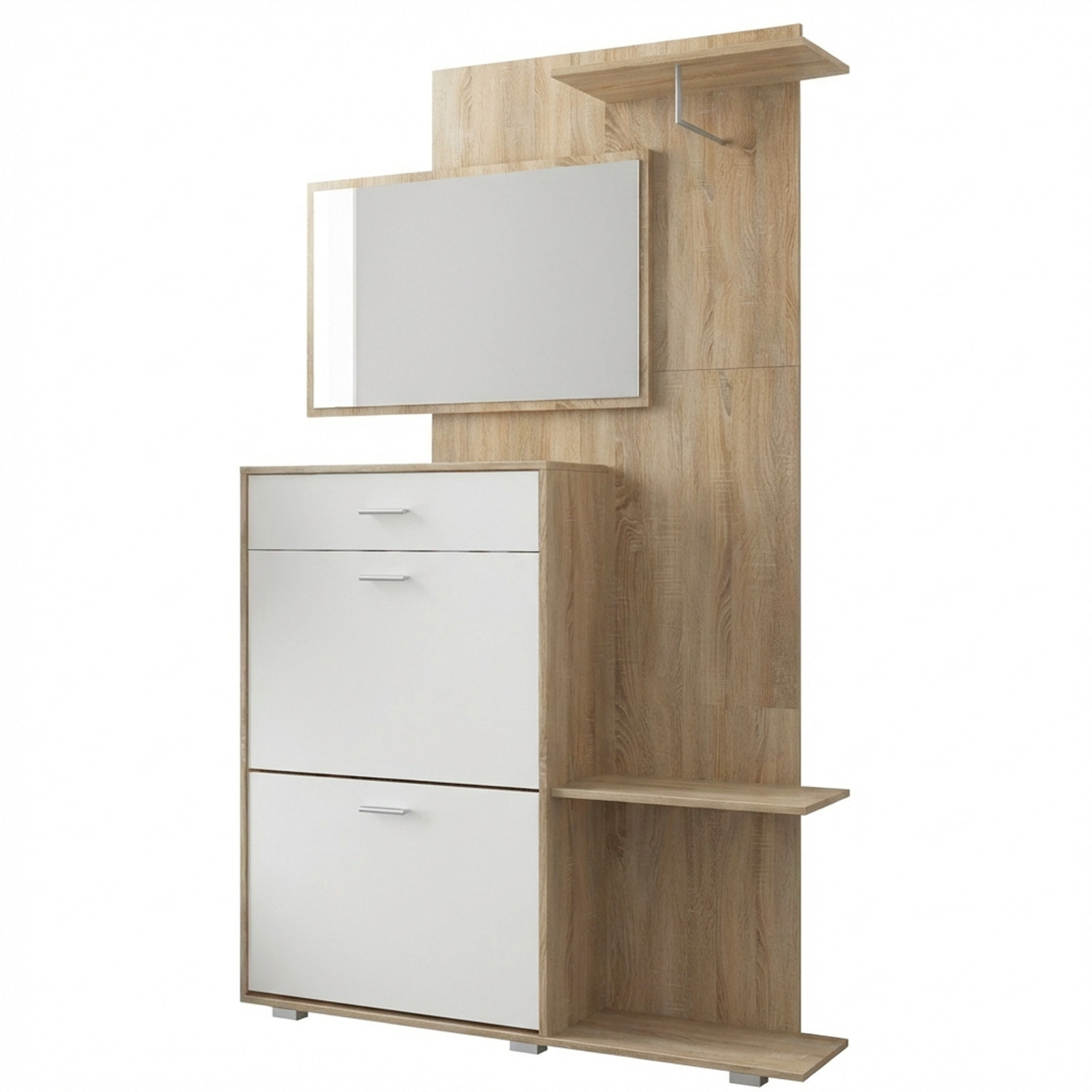 Ingresso Scarpiera Con Specchio 2 Ante A Ribalta Cassetto Appendibiti E Mensola Mobile Salvaspazio Moderno 192 x 120 x 24.5 Cm Colore Rovere E Bianco