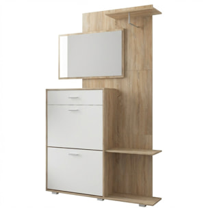 Ingresso Scarpiera Con Specchio 2 Ante A Ribalta Cassetto Appendibiti E Mensola Mobile Salvaspazio Moderno 192 x 120 x 24.5 Cm Colore Rovere E Bianco