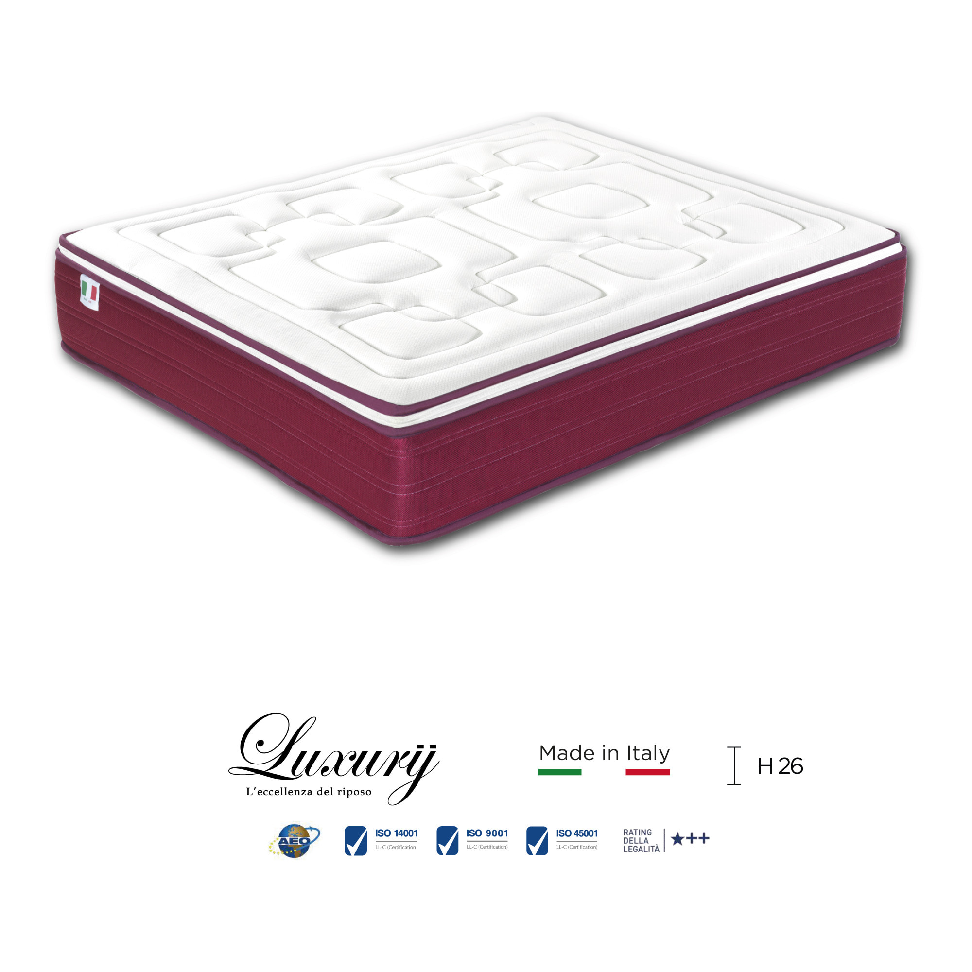 "Ravello" H26 cm 120x190 guanciale Memory OMAGGIO a molle insacchettate e 2cm memory