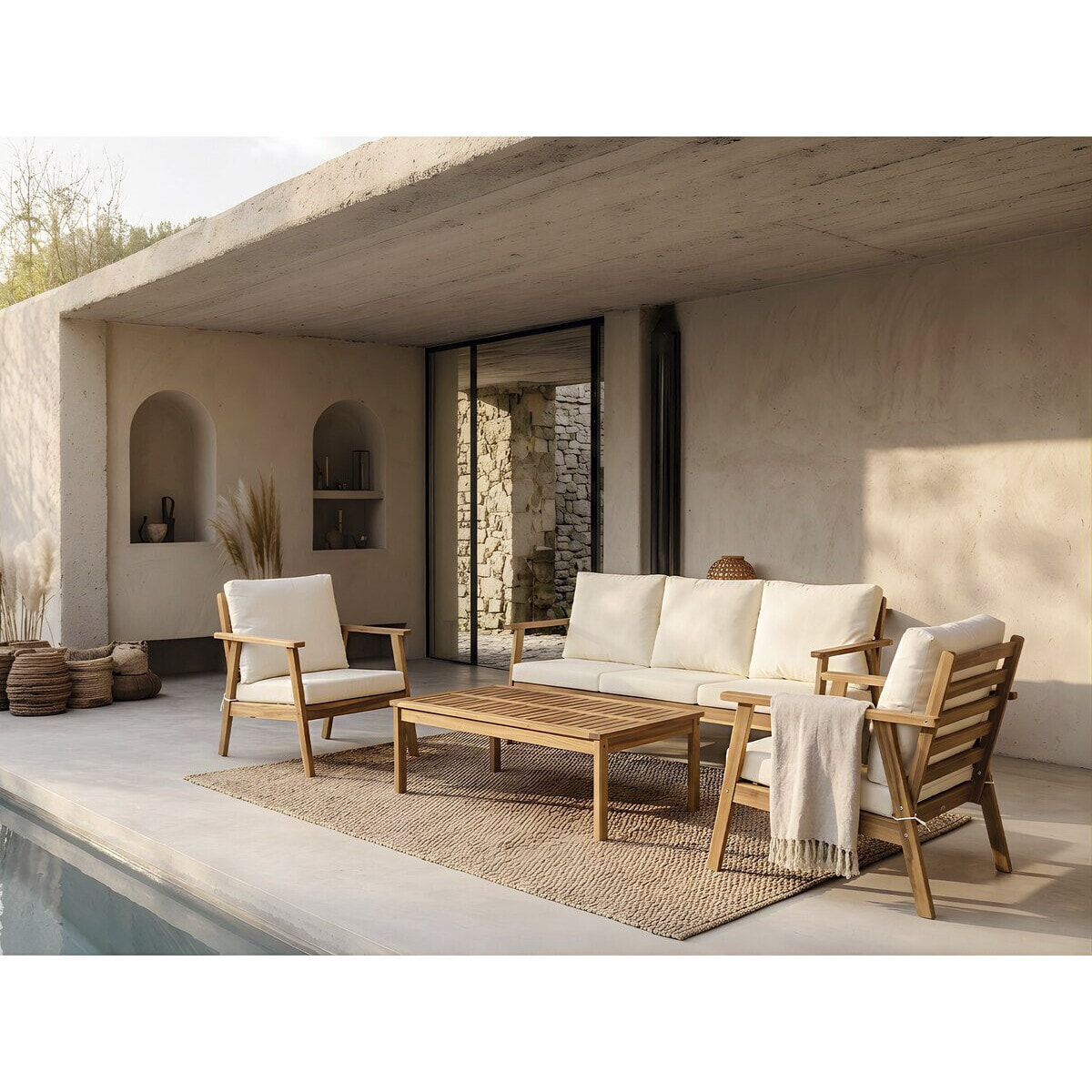 Salon de jardin en bois d'acacia avec coussins "Chilwell" - 5 places - Beige