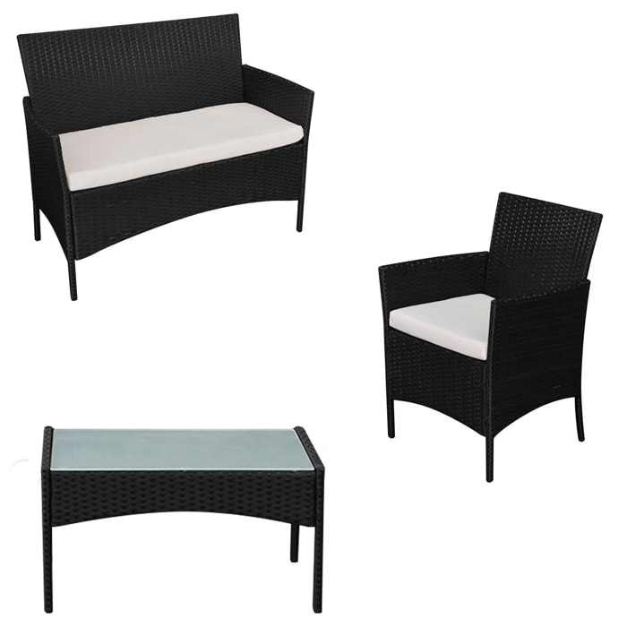 Salon de jardin CORFOU en résine tressée noire 4 places - coussins beige