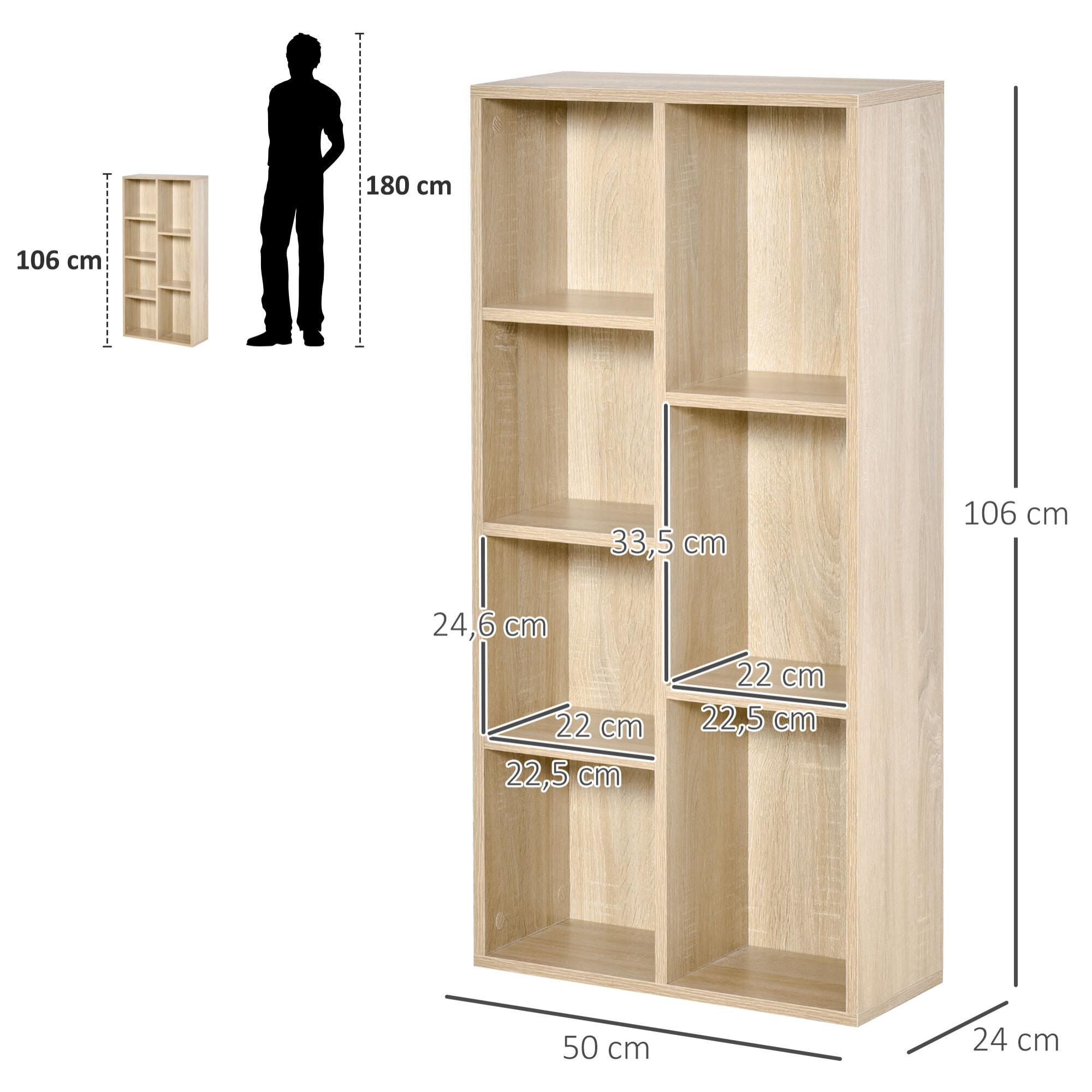 Estantería para Libros Librería de Madera con 7 Compartimentos de Almacenaje Plantas Archivos para Sala de Estar Dormitorio Oficina 50x24x106 cm Roble