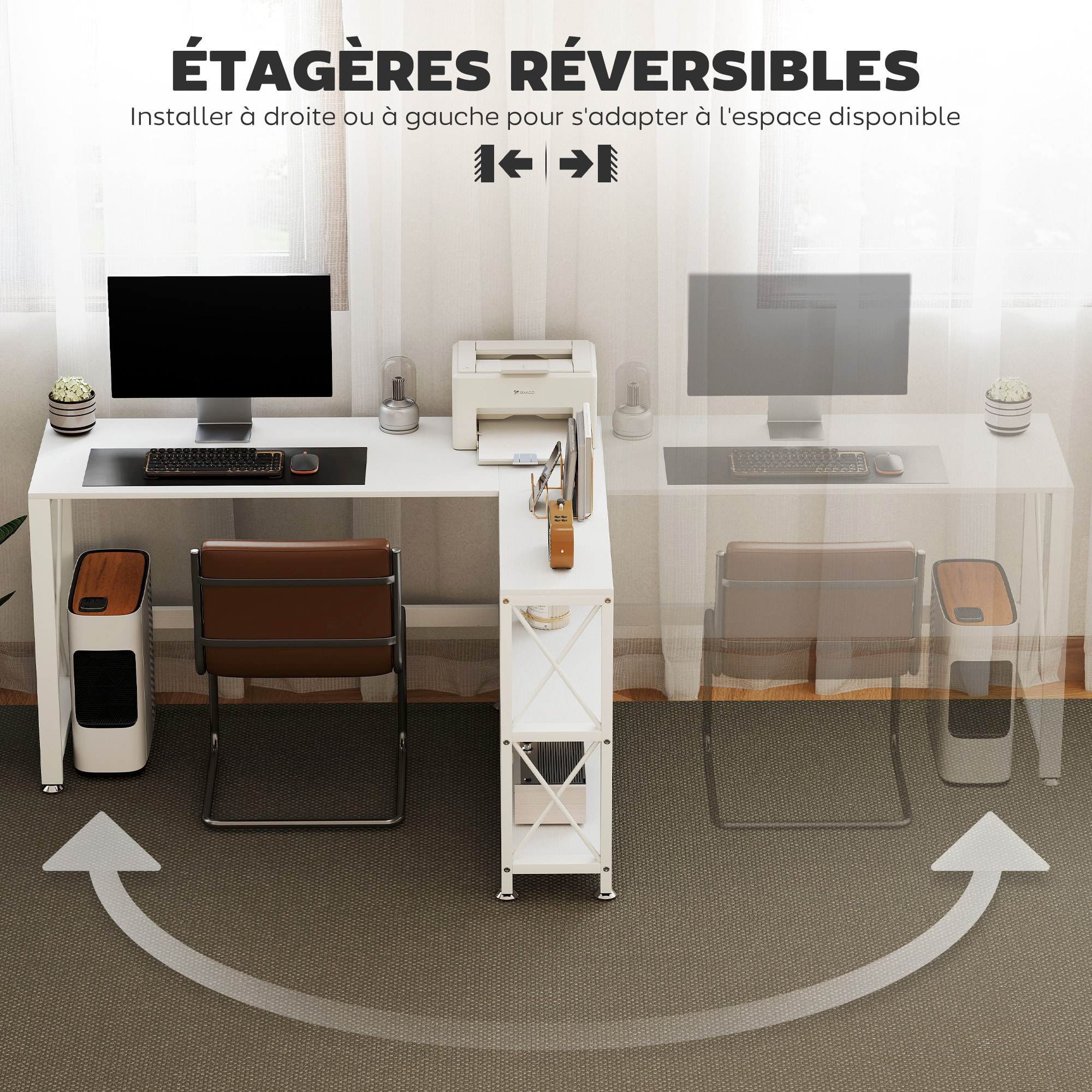 Bureau d'angle modulable design contemporain multi-rangement  - métal panneaux blanc