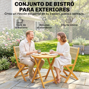Conjunto de Mesa y Sillas de Terraza Exterior de Madera 3 Piezas, Muebles de Jardín Exterior con 2 Sillas Plegables, Asiento Respaldo de Cuerda PP, Mesa Redonda para Patio, Balcón, Natural