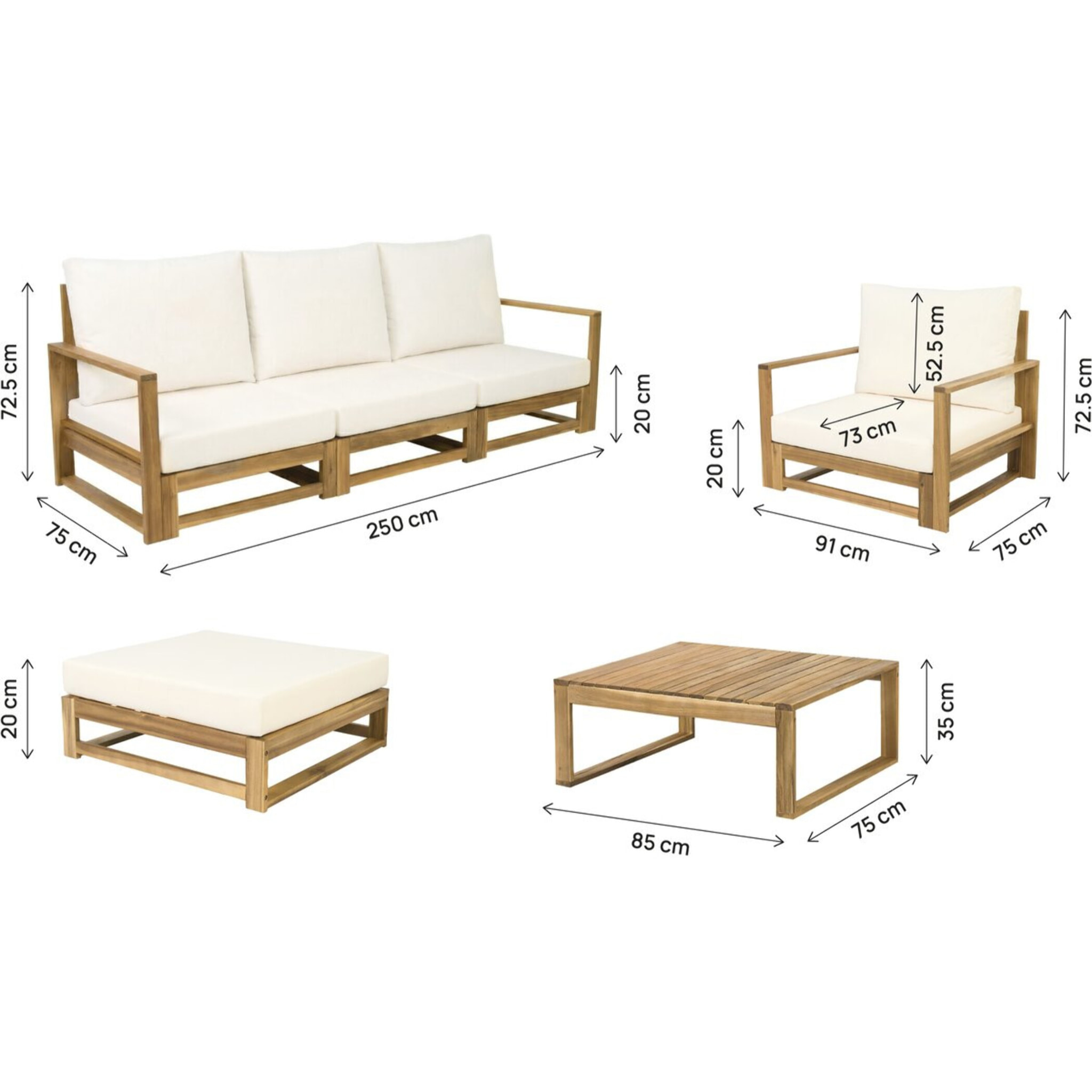 Salon de jardin en bois modulable avec coussins "Bellingham" - 5 places - Beige