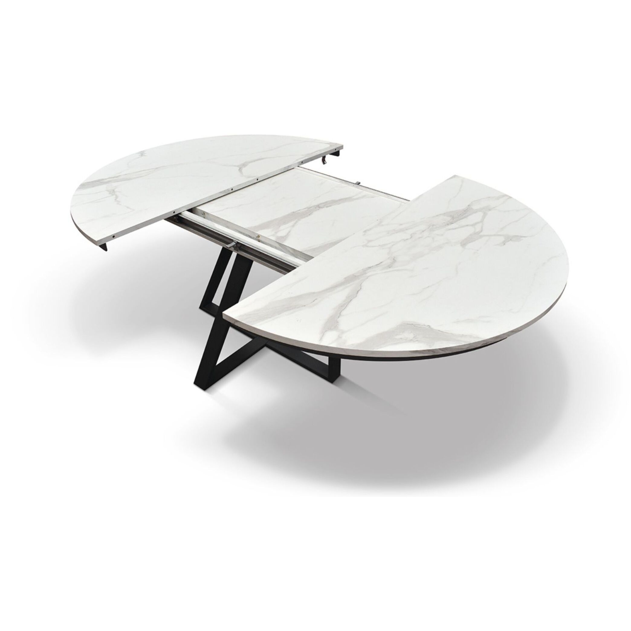 Tavolo rotondo PANTELLERIA in legno, finitura bianco statuario e gambe in metallo nero, allungabile Ø120xH75,3 cm - 170x120x75,3 cm