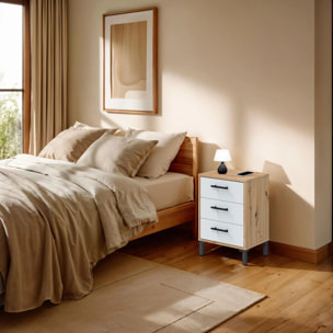 Mesita de noche de 3 cajones en blanco mate y roble nodi 40x33 cm Leia Blanco Artik (Blanco Mate) - Roble Nodi