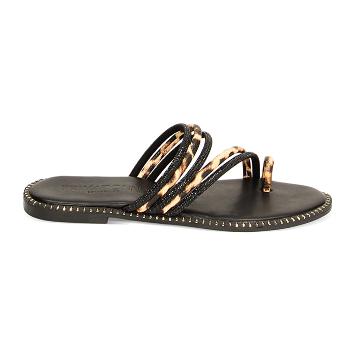 Sandali bassi nero-leopard con pietre