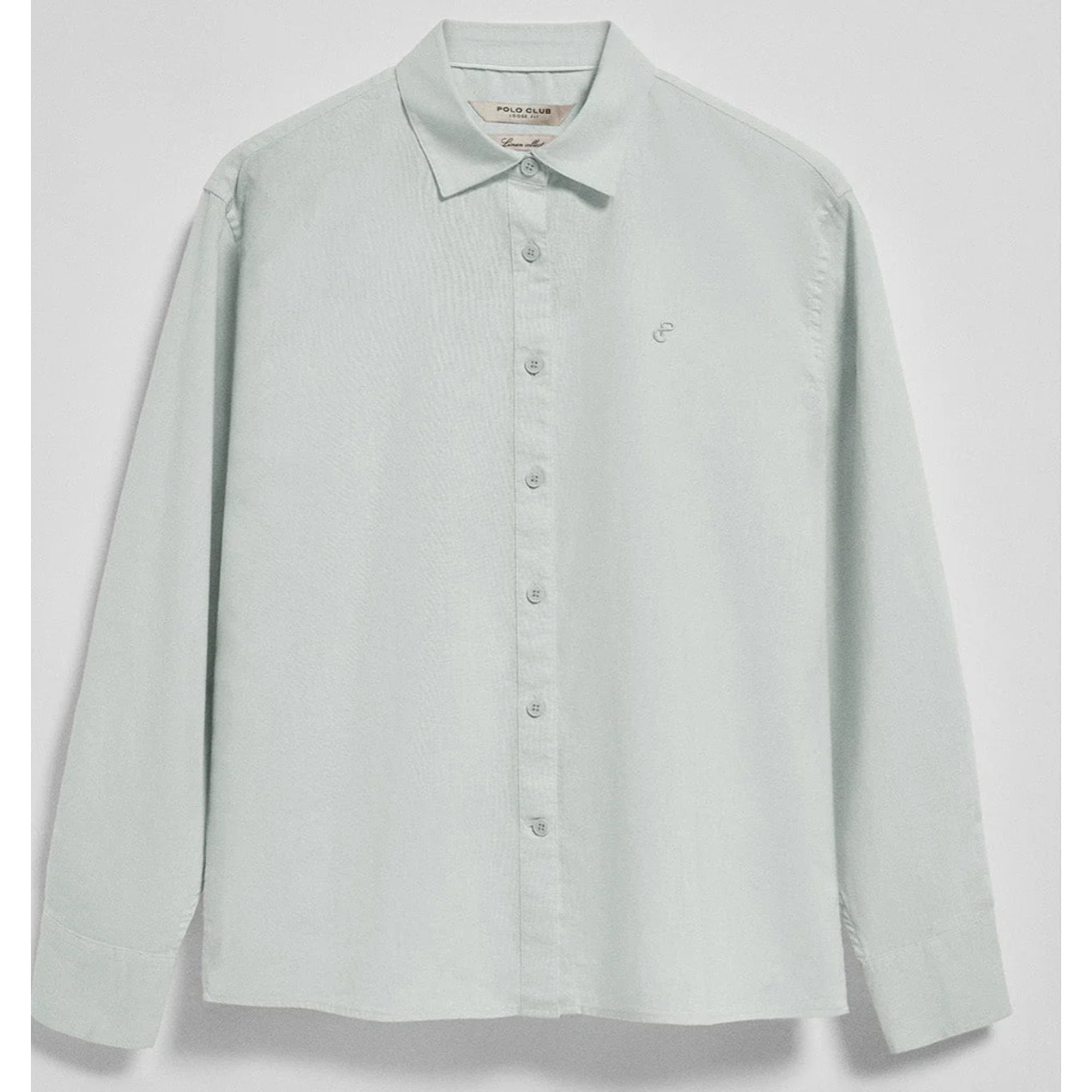 Camisa verde claro loose fit de lino y algodón con monograma bordado