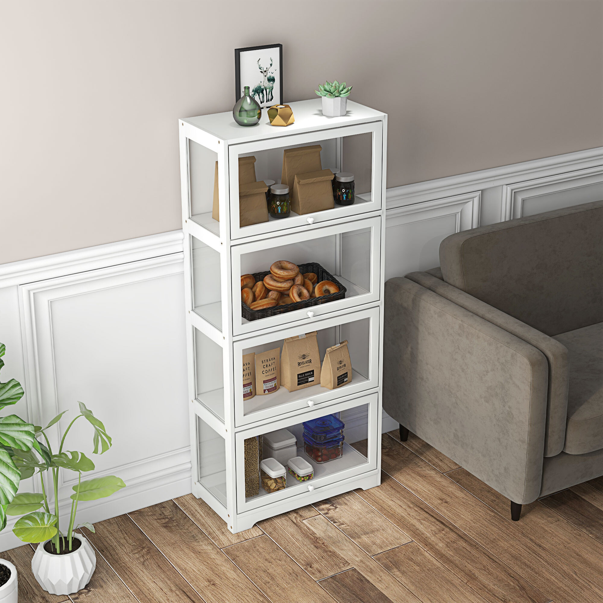 Vitrine colonne 4 niveaux - 4 portes abattantes - dim. 59 x 30 x 139 cm - MDF blanc acrylique transparent