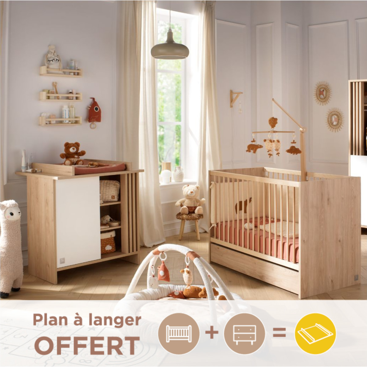 Chambre bébé complète Tokyo, Lit 120x60 et Commode à langer claustra - Chêne suave
